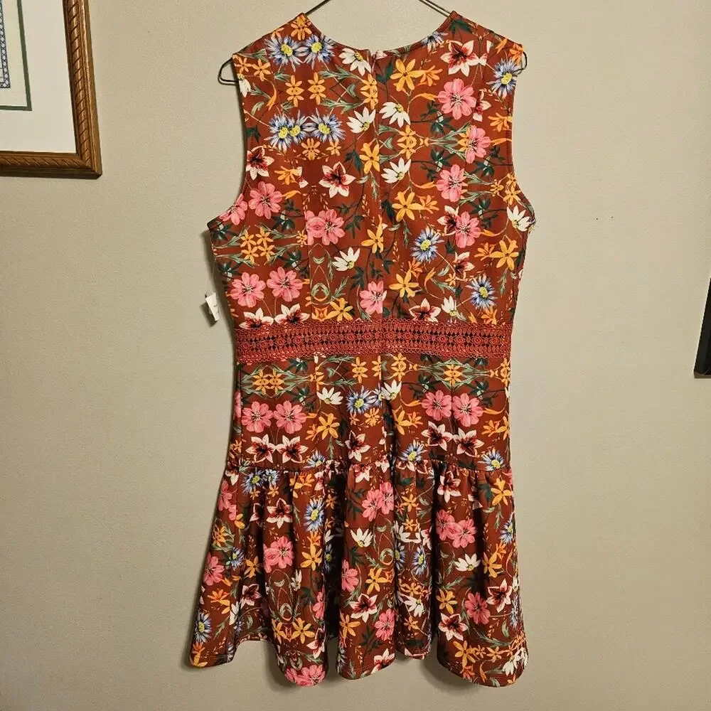 Alexia Admor Justine Lace Trim Flounce Hem Dress Floral Rust Color Large NWT